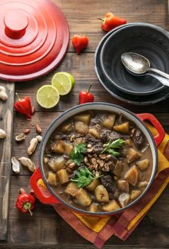 Thai Beef Massaman Curry, dark background copy space Stock Photos
