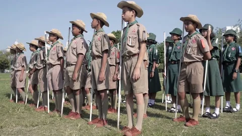 Thai Boy Scout students on parade boys and girls in uniform standing in a row Stock Footage 157698670