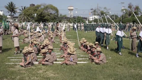 Thai Boy Scout young students preparing to parade, boys and girls in uniform Stock Footage 157699134
