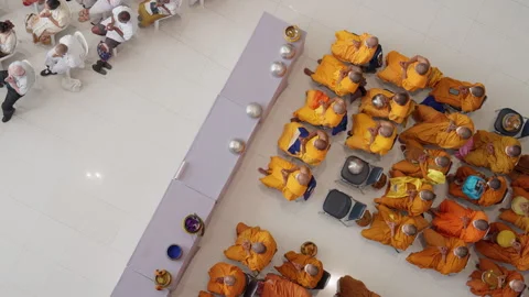 Thai Buddhist Monks &amp; Crowd Sit &amp; Pray During Indoor Visakha Bucha Day Ceremony Stock Footage 247595481