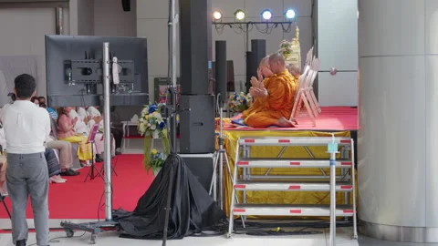 Thai Buddhist Monks Pray &amp; Chant On Stage, Crowd Prays, Indoor Ceremony Festival Stock Footage 247590500