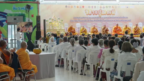 Thai Buddhist Monks Sit Chant &amp; Pray, Crowd Audience Watch Indoor Vesak Festival Stock-Footage 247659864