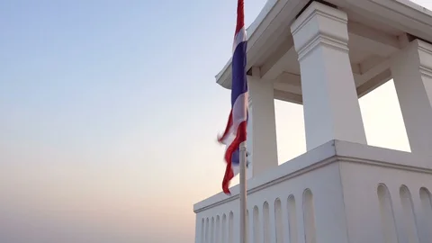 Thai Buddhist Temple on Mountain With View of Ocean and Island Stock Footage 127608236