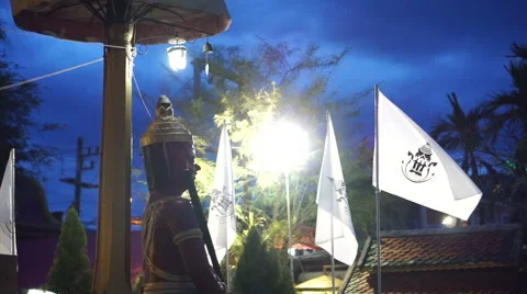 Thai buddhist temple various elements at dusk. Magic hour with blue sky Stock Footage 67565406