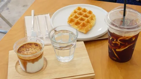 Thai Café Table with Croffle, Dirty Coffee and Coconut Black Coffee, Flat Lay Видео 333172680