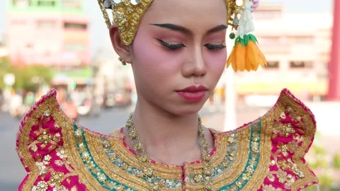 Thai Classical Dancer in Traditional Costume at Wat Suthat Thepwararam Bangkok Stock Footage 335622024