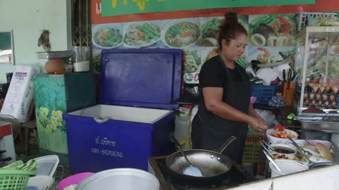 Thai Cook adding sauce and season to stir-fry. Stock Footage 146235181