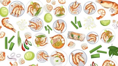 Thai Cuisine Vector Pattern with Shrimp Soup and Rice Dishes Stock Illustration