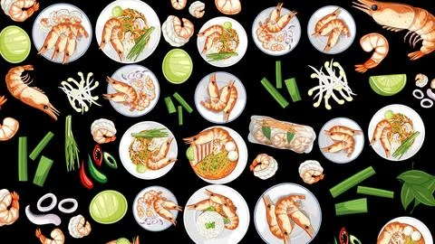 Thai Cuisine Vector Pattern with Shrimp and Rice Dishes Stock Illustration