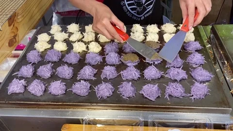Thai Dessert Authentic Coconut Pancake Macaroon, Vendor Cooks Turns Cake Skillet Stock Footage 226247276