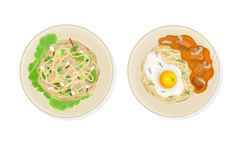 Thai Dish and Main Course with Noodles with Soft Cheese and Scrambled Egg Served Stock Illustration