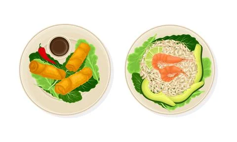 Thai Dish and Main Course with Rice and Green Vegetables Served on Plate Above Stock Illustration