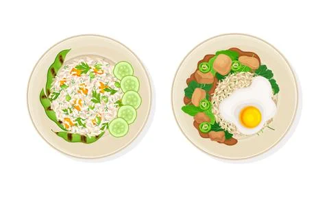 Thai Dish and Main Course with Rice and Scrambled Egg Served on Plate Above View Stock Illustration