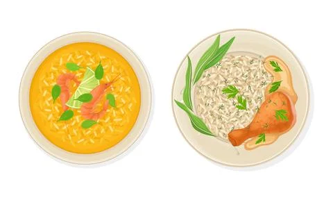 Thai Dish and Main Course with Shrimp Soup and Rice with Chicken Leg Served on Stock Illustration