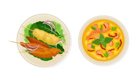 Thai Dish and Main Course with Noodles with Cream Seafood Soup and Skewered Stock Illustration