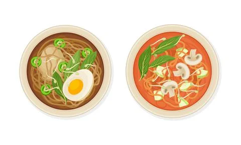 Thai Dish and Main Course with Noodle Soup with Mushroom and Boiled Egg Served Stock Illustration