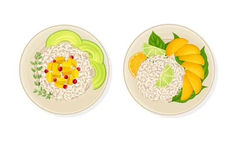 Thai Dish and Main Course with Noodles with Rice and Sliced Mango and Avocado Illustrazione stock