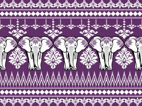 Thai Elephant Pants Fabric Pattern with Elephant and Floral Motifs Stock Illustration