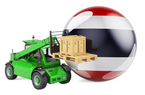 Thai flag with telescopic handler truck and parcel. Cargo shipping in Thailan Illustrazione stock