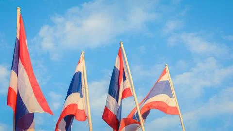 Thai flags wavy with sky background Stock Photos