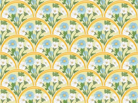 Thai Floral Seamless Pattern with Blue and White Flowers Illustrazione stock