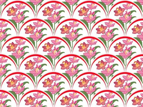 Thai Floral Seamless Pattern with Pink Orchid Flowers Stock Illustration
