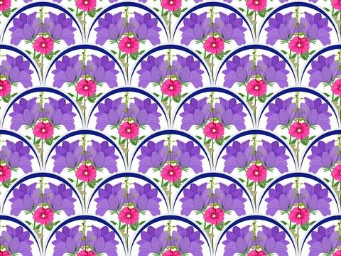 Thai Floral Seamless Pattern with Purple and Pink Flowers Ilustración de archivo