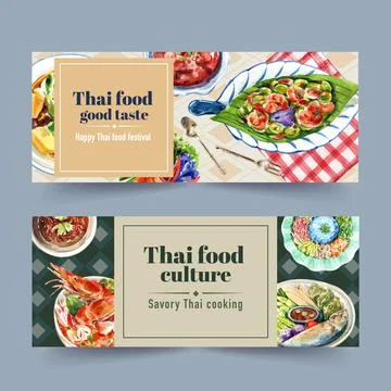 Thai food banner design with dry rice salad illustration watercolor. Stock Illustration