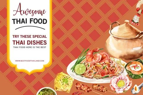 Thai food frame design with earthenware pot, Pad Thai illustration watercolor Illustrazione stock