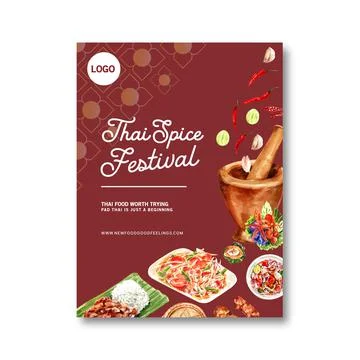 Thai food poster design with spicy minced pork salad illustration watercolor. Stock Illustration