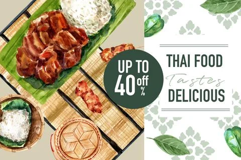 Thai food social media design with grilled pork, sticky rice illustration wat Stock Illustration