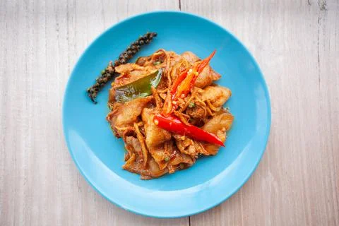 Thai food, Stir Fried Spicy Pork Belly or called Pad Cha Pork Belly Stock Photos