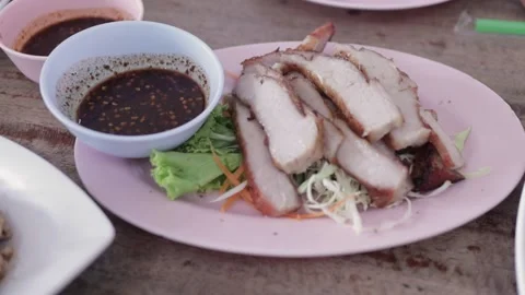 Thai Grilled Pork Neck With Dipping Sauce, Northeast Isaan Style Food Stock Footage 237587641