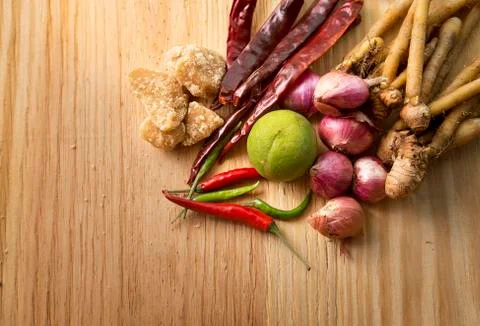 Thai herb set for making Tom-yum favourite thai food menu on wood table. Stock Photos