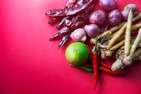 Thai herb set for making Tom-yum favourite thai food menu on red Stock Photos