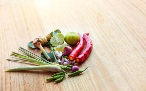 Thai herb set for making Tom-yum favourite thai food menu on wood table. Stock Photos