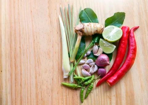 Thai herb set for making Tom-yum favourite thai food menu on wood table. Stock Photos