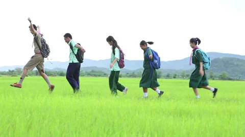 Thai High School Students Walking Through Rice Field 스톡 동영상 34547307