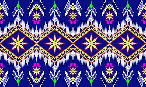 Thai Isan Praewa Textile Pattern in Deep Blue with Geometric Floral Motifs Ilustración de archivo