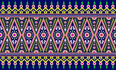 Thai Isan Praewa Textile Pattern in Deep Blue with Vibrant Geometric Floral Mot Ilustración de archivo