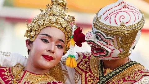Thai Khon Classical Dancers Perform Hanuman and Suphannamatcha Scene in Bangkok Stock Footage 332538582