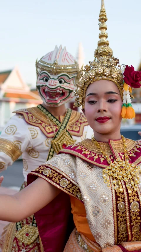 Thai Khon Classical Dancers Perform Suphannamatcha and Hanuman at Wat Suthat Stock Footage 332887940