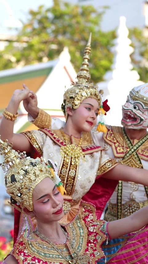 Thai Khon Classical Dancers Perform in Traditional Costumes at Wat Suthat Stock Footage 337015090