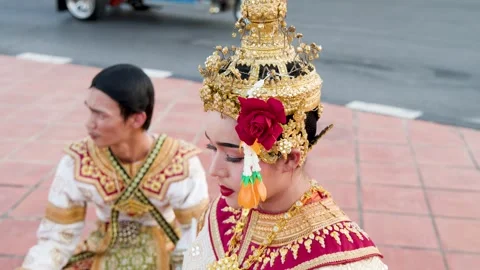 Thai Khon Classical Dancers in Traditional Costumes at Wat Suthat Bangkok Stock Footage 336243982