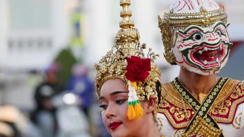 Thai Khon Dance Performance with Hanuman and Suphannamatcha Characters Stock Footage 332538553