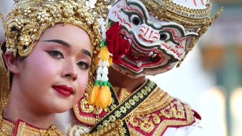 Thai Khon Dance Performance with Hanuman and Suphannamatcha Characters Stock Footage 332888033