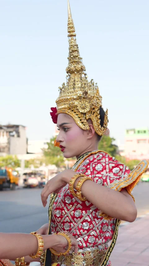 Thai Khon Dancer Getting Dressed in Traditional Costume at Wat Suthat Stock Footage 337451828