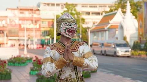 Thai Khon Dancer Performing Hanuman Character at Wat Suthat in Bangkok Stock Footage 346198099