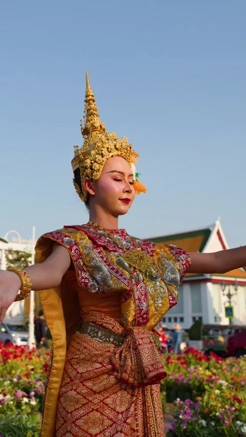 Thai Khon Dancers Performing Classical Performance at Giant Swing Bangkok Stock Footage 335621871