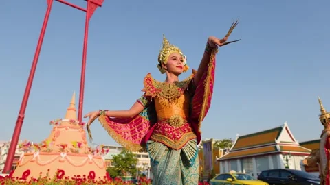 Thai Khon Manohra Classical Dancer Performs at Bangkok Giant Swing Landmark Stock Footage 336298841